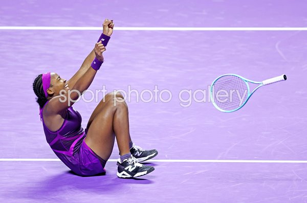 Coco Gauff USA celebrates match point v Qinwen Zheng WTA Finals 2024 