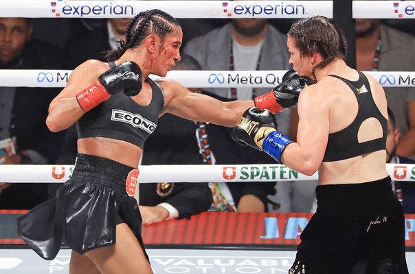 Amanda Serrano punches Katie Taylor super lightweight title fight Texas 2024