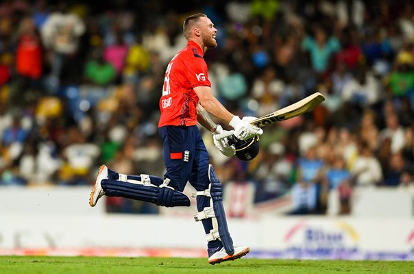 Phil Salt England celebrates century v West Indies 1st T20 Barbados 2024
