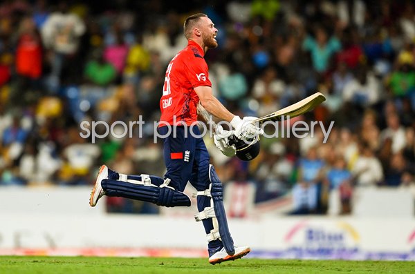 Phil Salt England celebrates century v West Indies 1st T20 Barbados 2024
