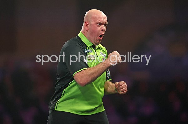 Michael van Gerwen Netherlands celebrates v Chris Dobey World Darts 2025