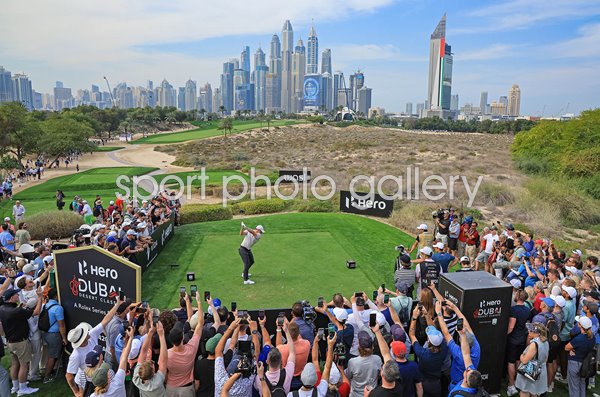 Rory McIlroy Northern Ireland drives 8th tee Dubai Desert Classic Emirates Club 2025