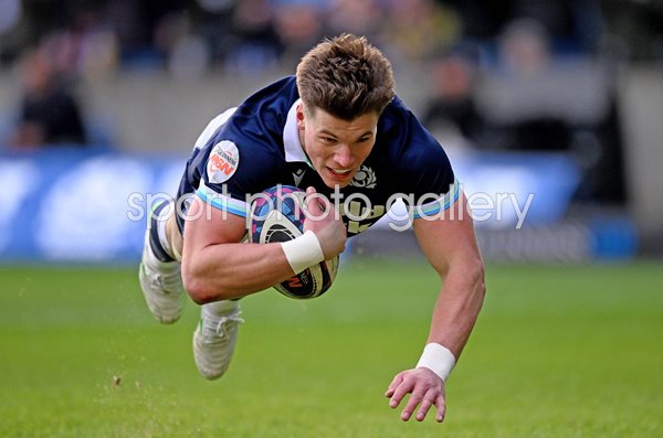 Huw Jones Scotland diving score v Italy Murrayfield Edinburgh Six Nations 2025