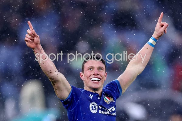 Paolo Garbisi Italy celebrates win v Wales Rome Six Nations 2025
