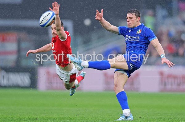 Tomos Williams Wales charge down v Paolo Garbisi Italy kick Rome Six Nations 2025