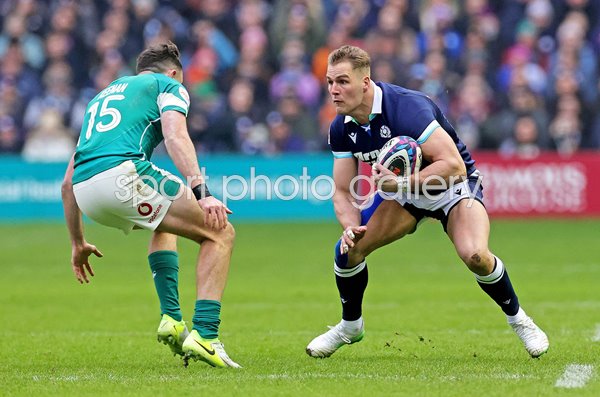 Duhan van der Merwe Scotland faces off v Hugo Keenan Ireland Six Nations 2025