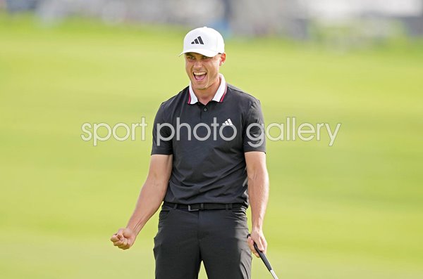 Ludvig Åberg Sweden celebrates victory 18th green Torrey Pines 2025