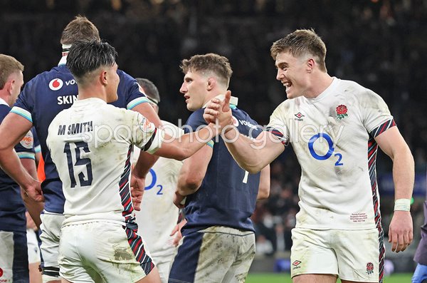 Tommy Freeman & Marcus Smith England celebrate win v Scotland Twickenham Six Nations 2025