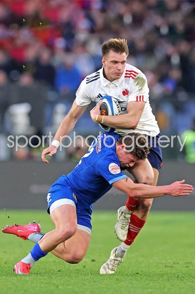 Leo Barre France is tackled by Alessandro Garbisi Italy Rome Six Nations 2025