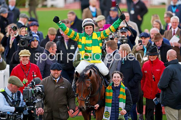Harry Skelton riding The New Lion celebrates Novices' Hurdle win Cheltenham 2025 