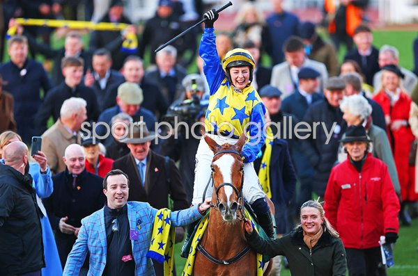 Jody Townend riding Bambino Fever celebrates winning Champion Bumper Cheltenham 2025 