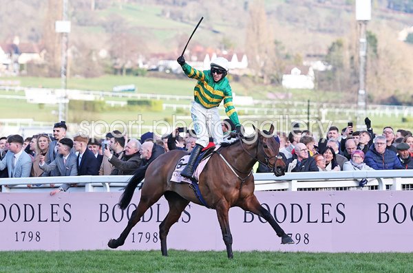 Mark Walsh riding Inothewayurthinkin celebrates winning Cheltenham Gold Cup 2025 