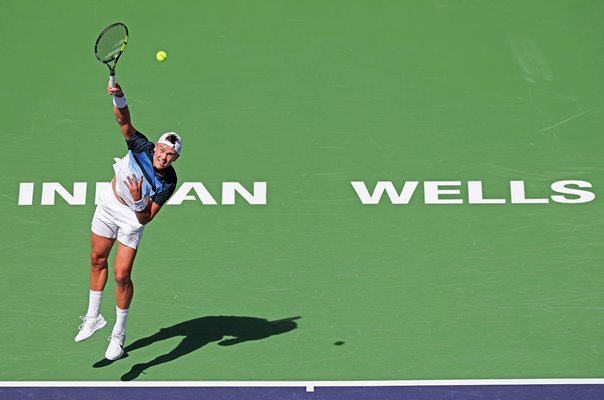 Holger Rune Denmark serves BNP Paribas Open Indian Wells California 2025