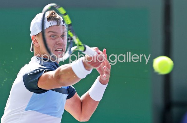 Holger Rune Denmark forehand focus BNP Paribas Open Indian Wells California 2025
