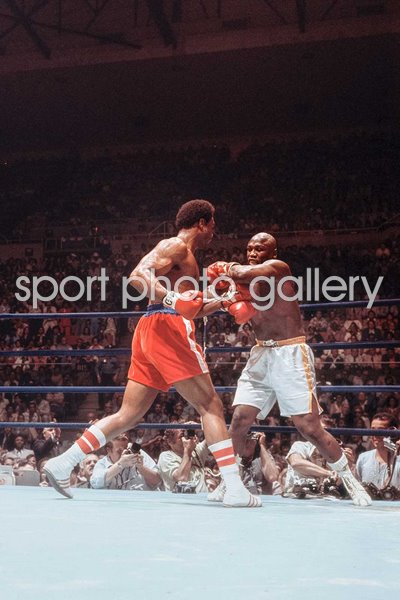 Joe Frazier on the ropes v George Foreman New York 1976