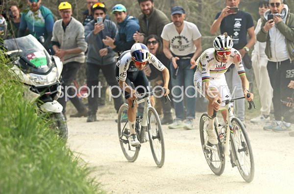 Tadej Pogacar Slovenia leads Tom Pidcock Great Britain Strade Bianche 2025