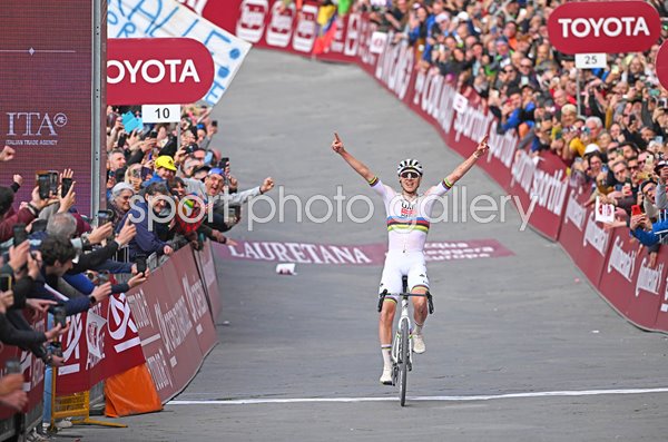 Tadej Pogacar Slovenia celebrates Strade Bianche win 2025