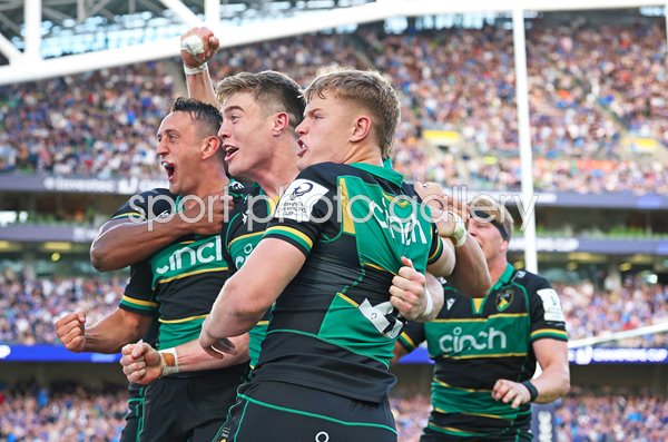 Alex Mitchell, Tommy Freeman & Fin Smith Northampton v Leinster Champions Cup 2025