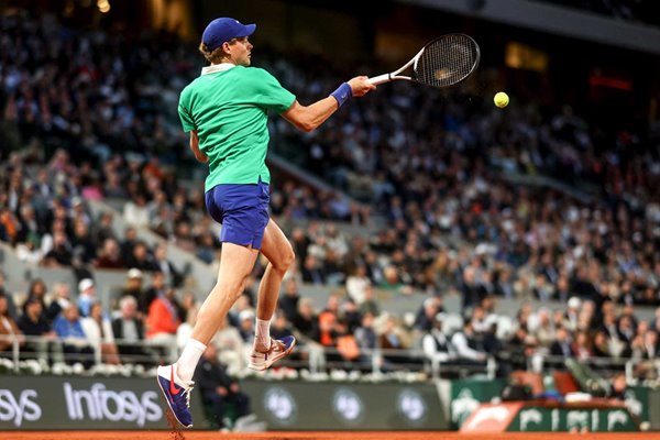 Jannik Sinner Italy plays a forehand French Open Paris 2025
