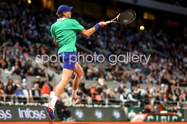 Jannik Sinner Italy plays a forehand French Open Paris 2025