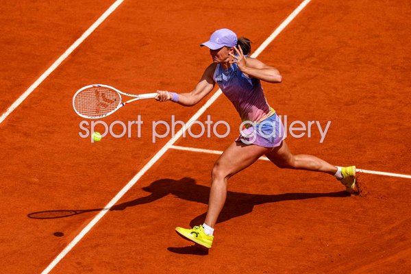 Iga Swiatek Poland plays a forehand French Open Paris 2025