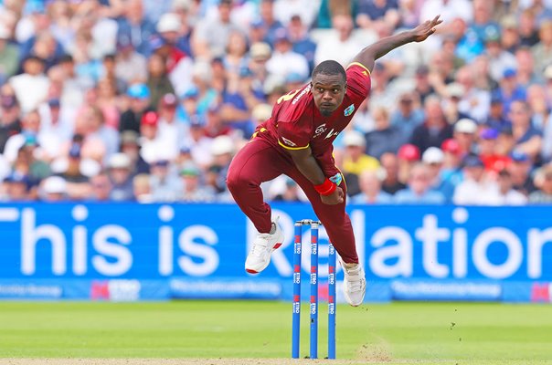 Jayden Seales West Indies bowls v England ODI Birmingham 2025