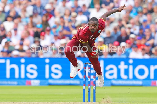 Jayden Seales West Indies bowls v England ODI Birmingham 2025