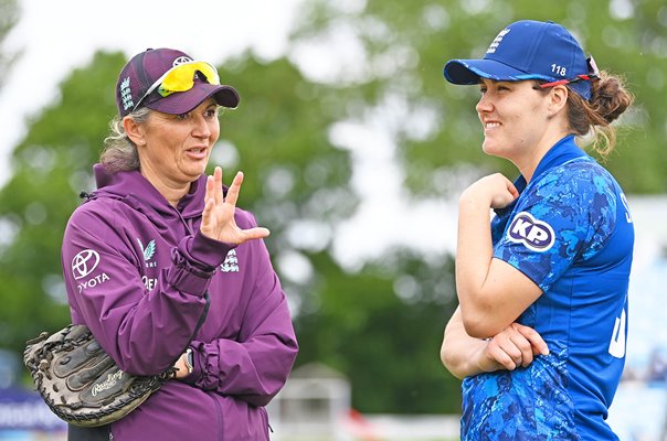 England Head coach Charlotte Edwards & captain Nat Sciver-Brunt ODI v West Indies Derby 2025
