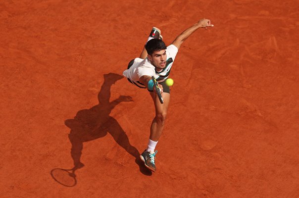 Carlos Alcaraz Spain forehand v Jannik Sinner French Open Final Paris 2025