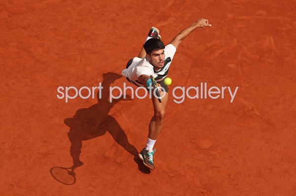 Carlos Alcaraz Spain forehand v Jannik Sinner French Open Final Paris 2025