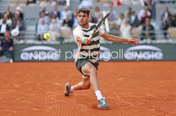 Carlos Alcaraz Spain backhand v Jannik Sinner French Open Final Paris 2025