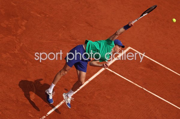 Jannik Sinner Italy serves v Carlos Alcaraz Spain French Open Paris 2025