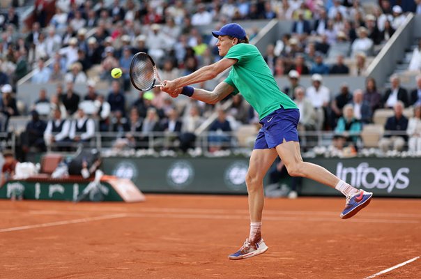 Jannik Sinner Italy backhand v Carlos Alcaraz Spain French Open Paris 2025