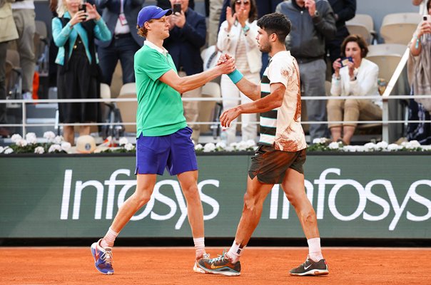 Carlos Alcaraz Spain greets Jannik Sinner Italy French Open Final 2025 