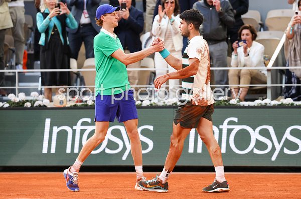 Carlos Alcaraz Spain greets Jannik Sinner Italy French Open Final 2025 