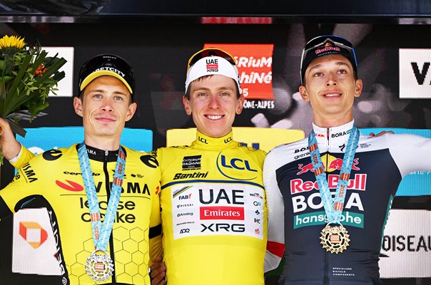 Jonas Vingegaard, Tadej Pogacar, Florian Lipowitz Podium Criterium du Dauphine 2025 