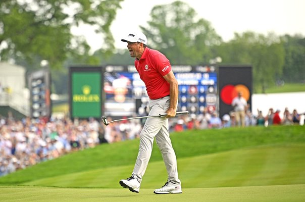 Keegan Bradley USA celebrates winning putt Travelers Championship 2025 