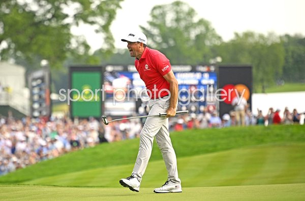 Keegan Bradley USA celebrates winning putt Travelers Championship 2025 