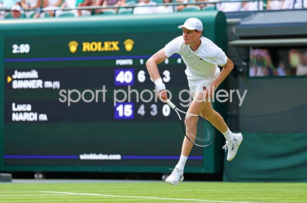 Jannik Sinner Italy serves against Luca Nardi Wimbledon 2025
