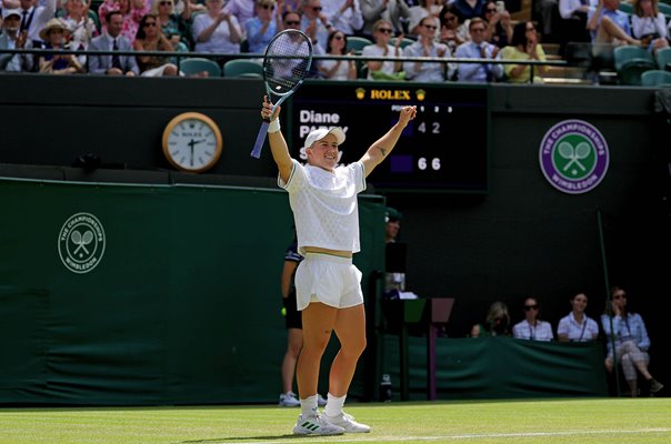 Sonay Kartal Great Britain celebrates Round 3 win v Diane Parry Wimbledon 2025