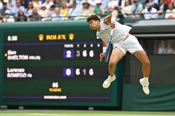 Ben Shelton USA serves v Lorenzo Sonego Italy Wimbledon 2025