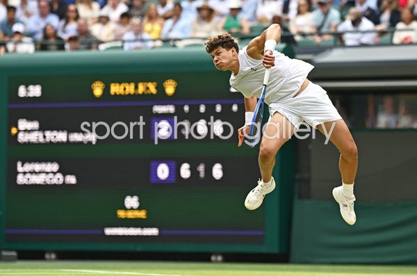 Ben Shelton USA serves v Lorenzo Sonego Italy Wimbledon 2025