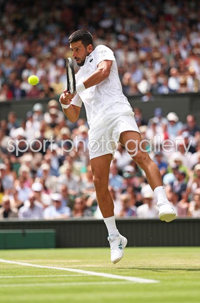 Novak Djokovic Serbia plays a backhand v Alex De Minaur Wimbledon 2025