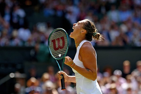 Aryna Sabalenka celebrates v Laura Siegemund Germany Wimbledon 2025