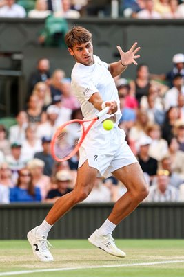 Flavio Cobolli Italy forehand v Novak Djokovic Wimbledon 2025