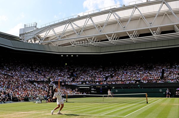 Carlos Alcaraz Spain serves v Jannik Sinner Italy Centre Court Wimbledon Final 2025