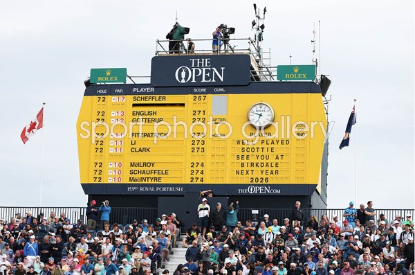 Final scoreboard 18th green grandstand The 153rd Open Royal Portrush 2025