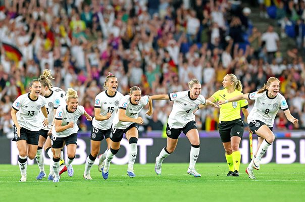 Germany celebrate penalties win v Switzerland Quarter Final Women's EURO 2025 