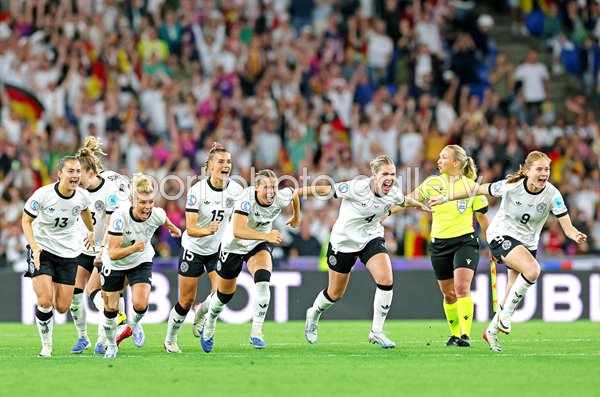 Germany celebrate penalties win v Switzerland Quarter Final Women's EURO 2025 