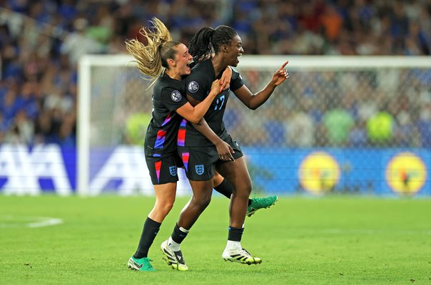Michelle Agyemang & Ella Toone England celebrate v Italy semi-final Women's EURO 2025